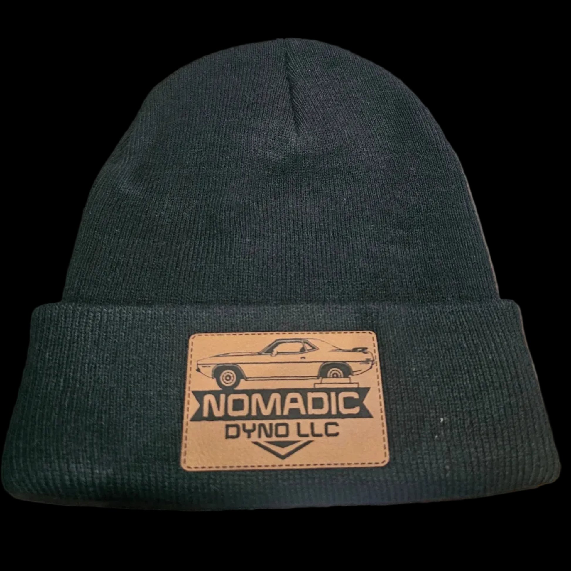 Black Knit beanie with leather patch and engraved logo Nomadic Dyno