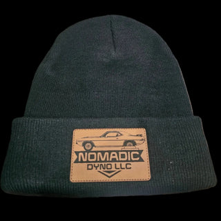 Black Knit beanie with leather patch and engraved logo Nomadic Dyno