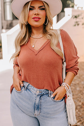 Gold Flame Exposed Seam Notched Neck Long Sleeve Plus Top