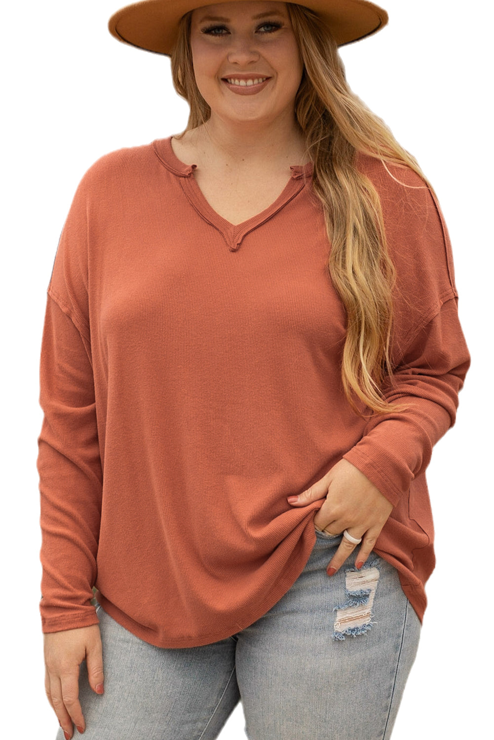 Gold Flame Exposed Seam Notched Neck Long Sleeve Plus Top