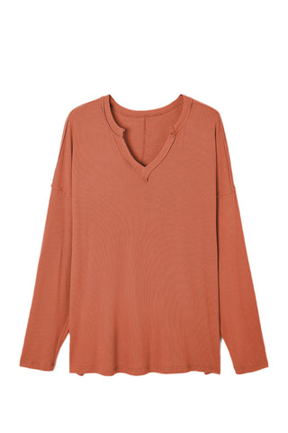 Gold Flame Exposed Seam Notched Neck Long Sleeve Plus Top
