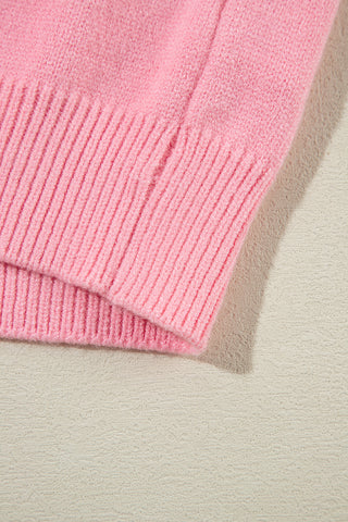 Pink Flower Detail Knitted Notched Neck Sweater