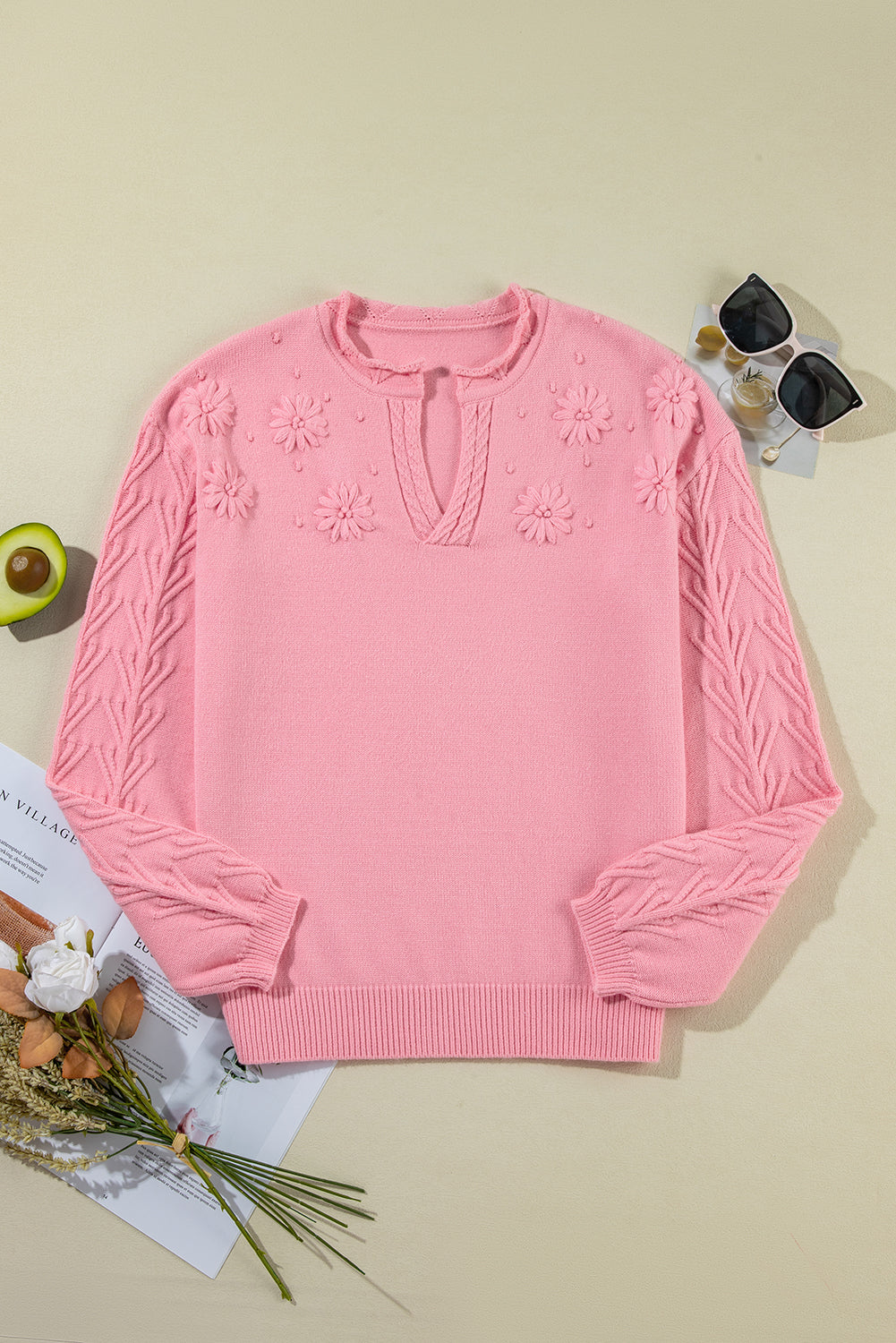 Pink Flower Detail Knitted Notched Neck Sweater