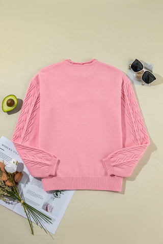 Pink Flower Detail Knitted Notched Neck Sweater