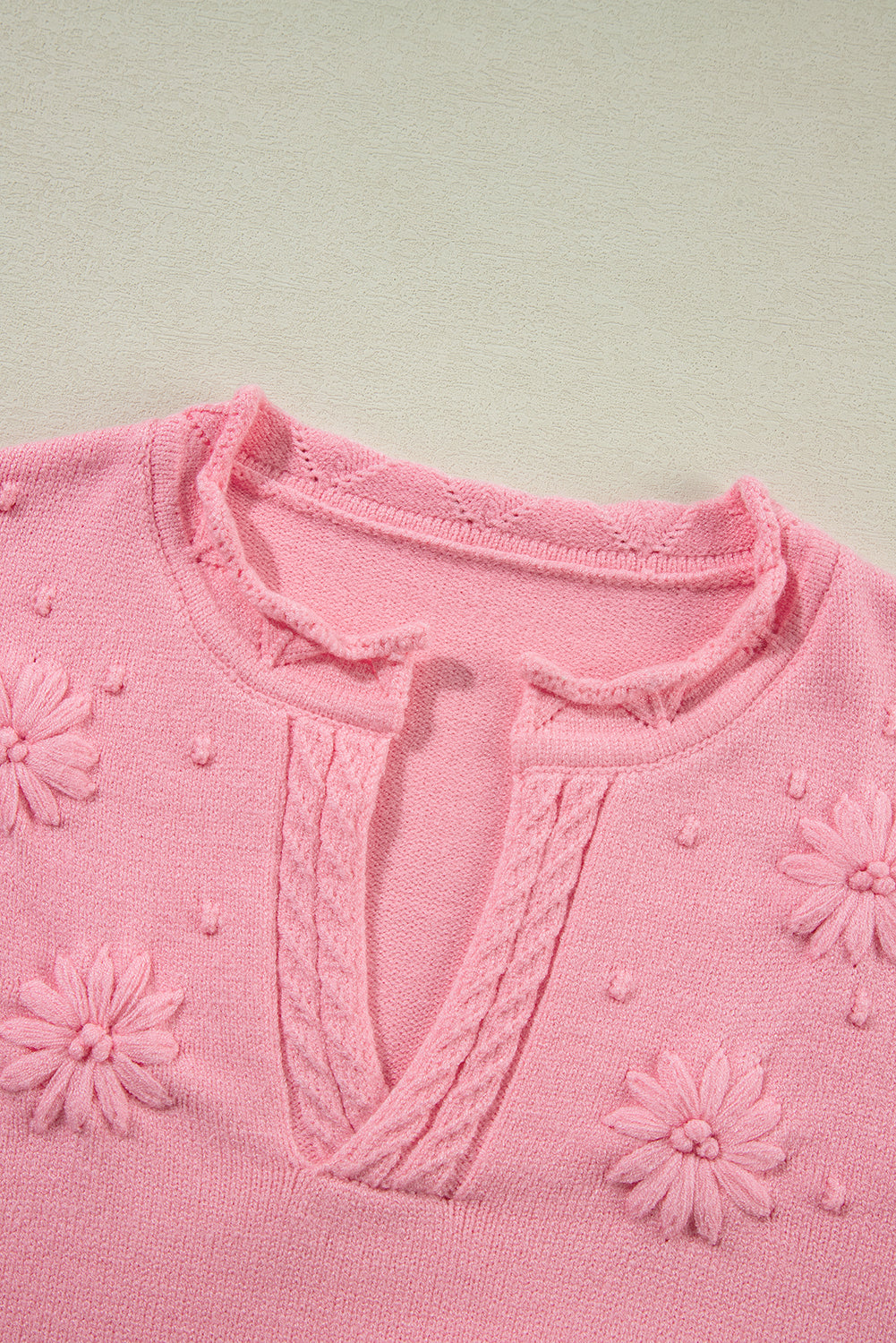 Pink Flower Detail Knitted Notched Neck Sweater