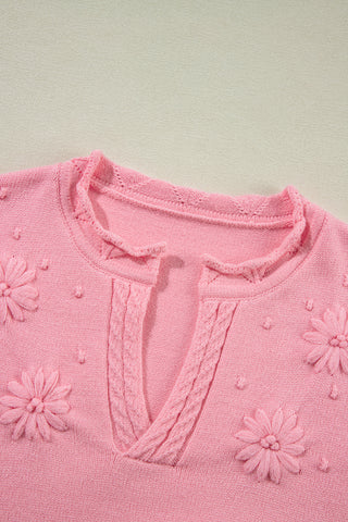 Pink Flower Detail Knitted Notched Neck Sweater