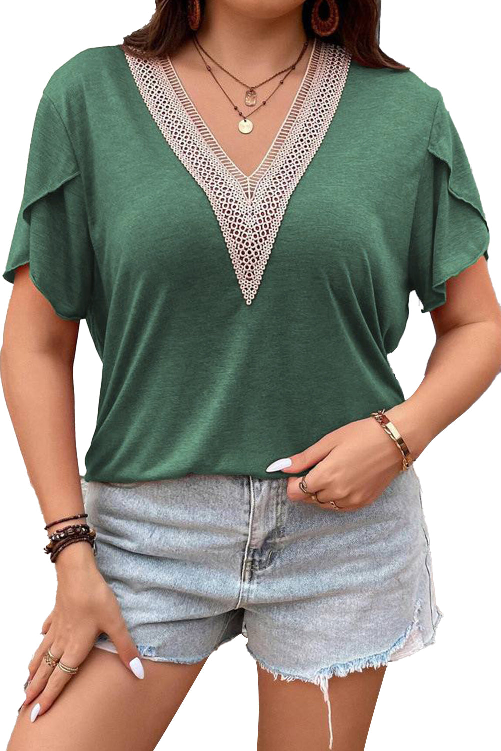 Green Plus Size Contrast V Neck Draped Sleeve Blouse