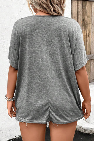 Gray Plus Size Buttoned V Neck Batwing Sleeve To