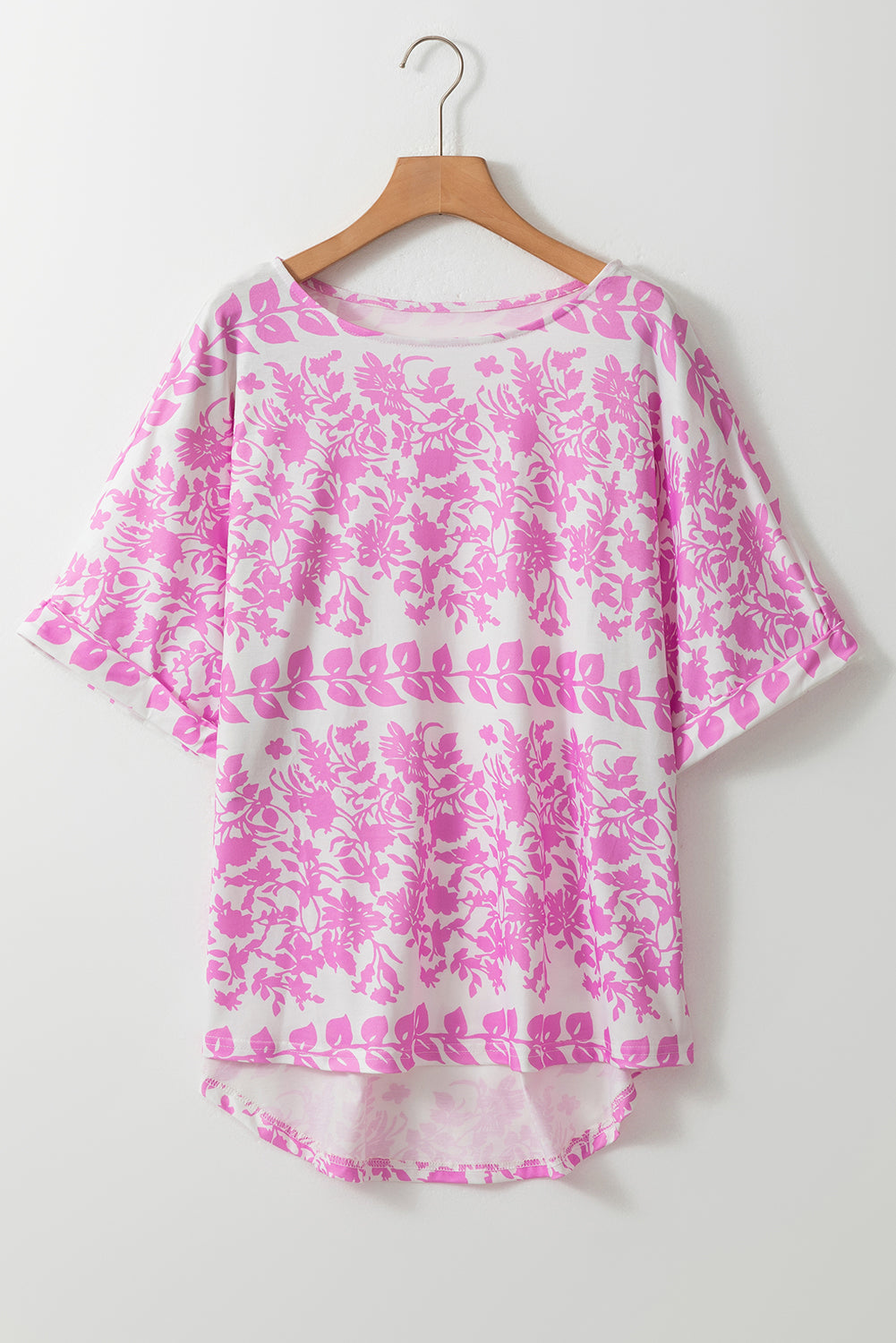 White Floral Printed Curved Hem Plus Size Top