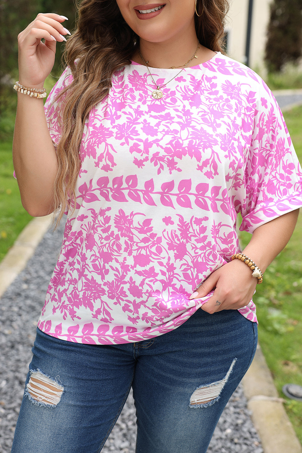 White Floral Printed Curved Hem Plus Size Top