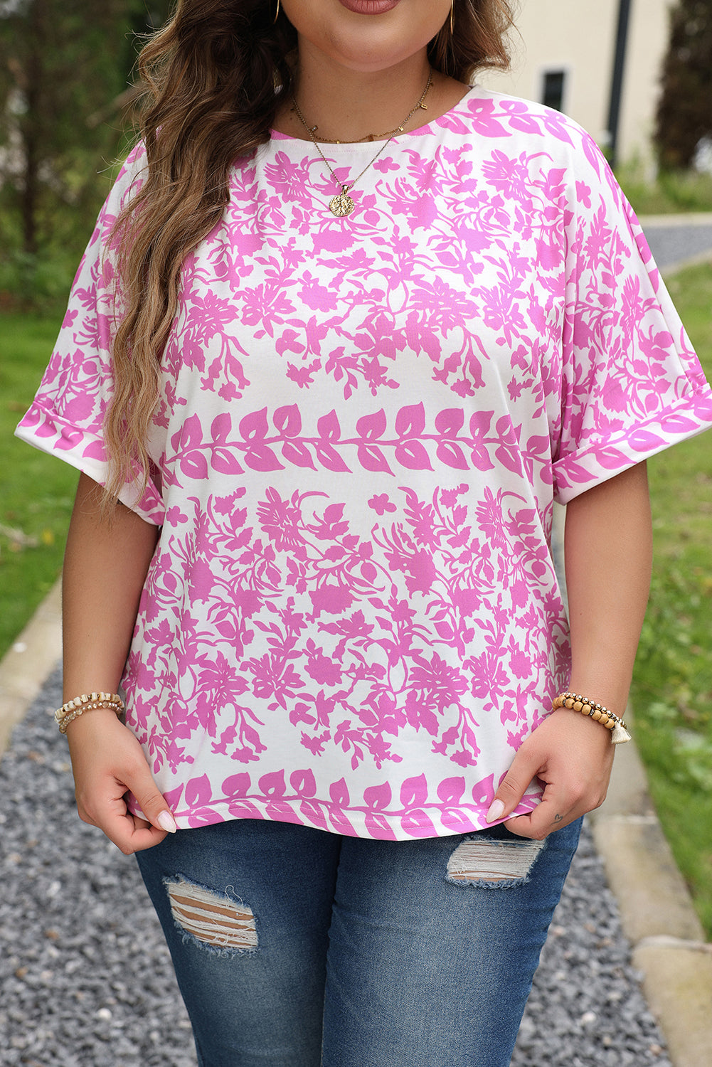 White Floral Printed Curved Hem Plus Size Top