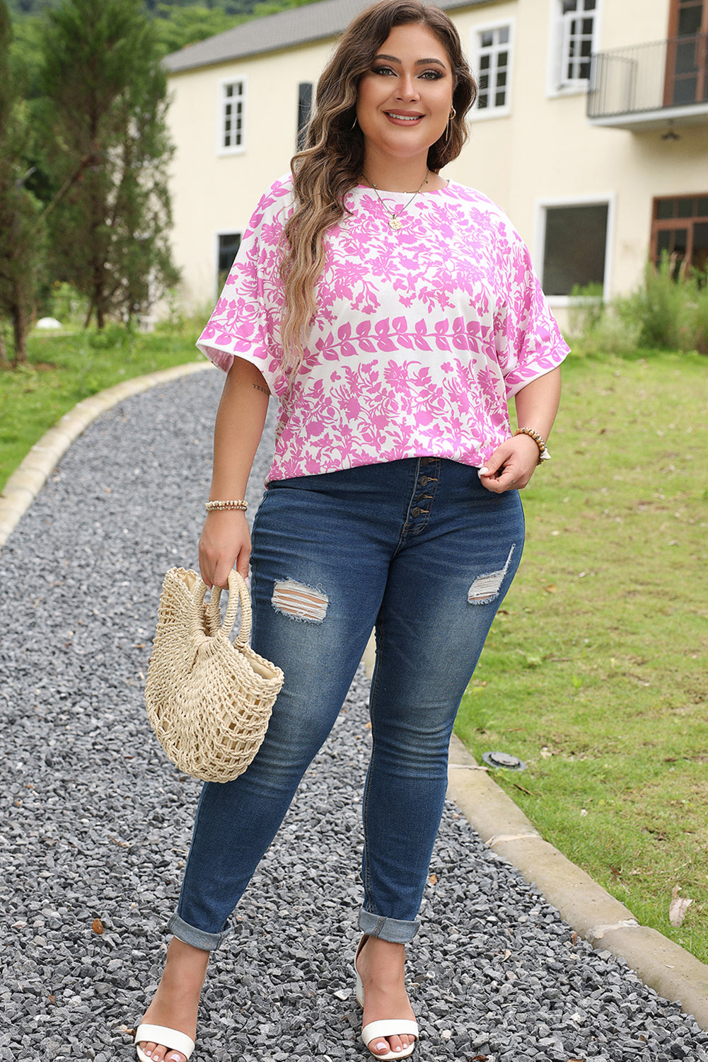 White Floral Printed Curved Hem Plus Size Top