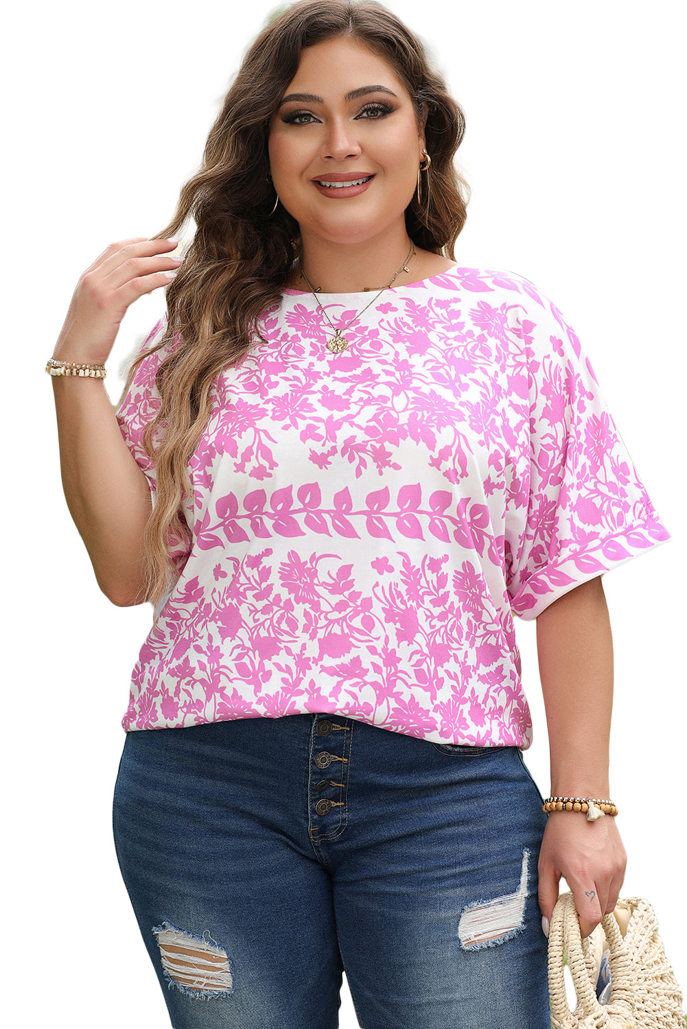 White Floral Printed Curved Hem Plus Size Top