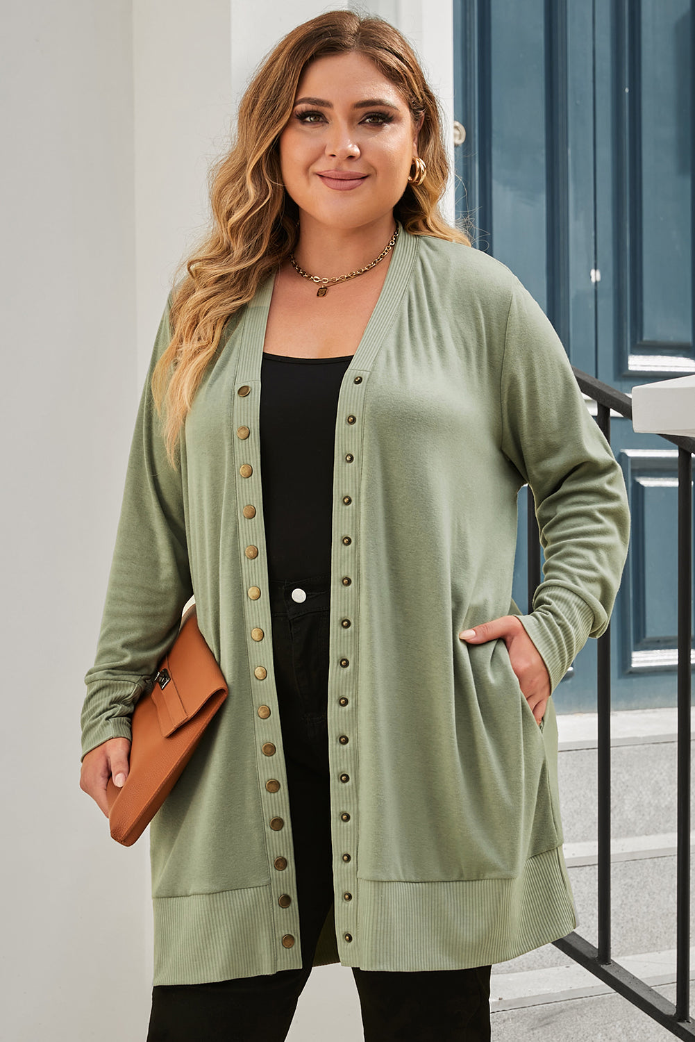 Green Plus Size Snap Buttons Front Knit Cardigan