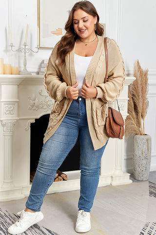 Parchment Cable Knit Braided Tie Sleeve Plus Size Open Cardigan
