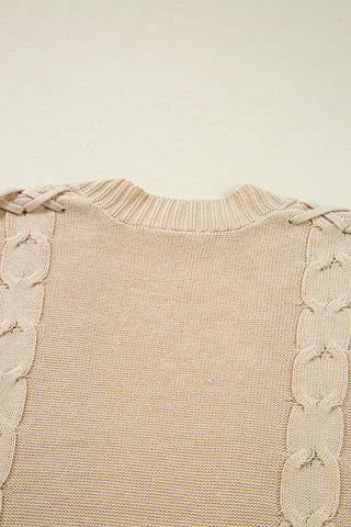 Parchment Cable Knit Braided Tie Sleeve Plus Size Open Cardigan