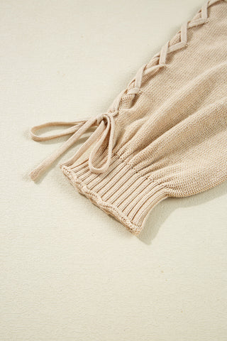Parchment Cable Knit Braided Tie Sleeve Plus Size Open Cardigan