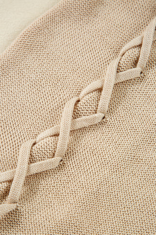 Parchment Cable Knit Braided Tie Sleeve Plus Size Open Cardigan