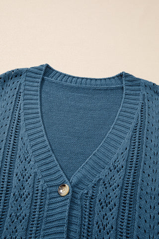 Real Teal Open Knit V Neck Button Front Drop Shoulder Plus Size Cardigan