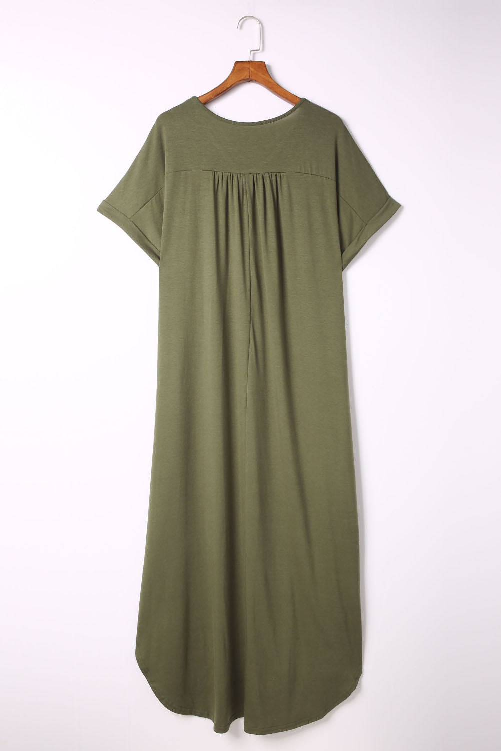 Green V Neck Rolled Cuffs Plus Size Maxi Dress