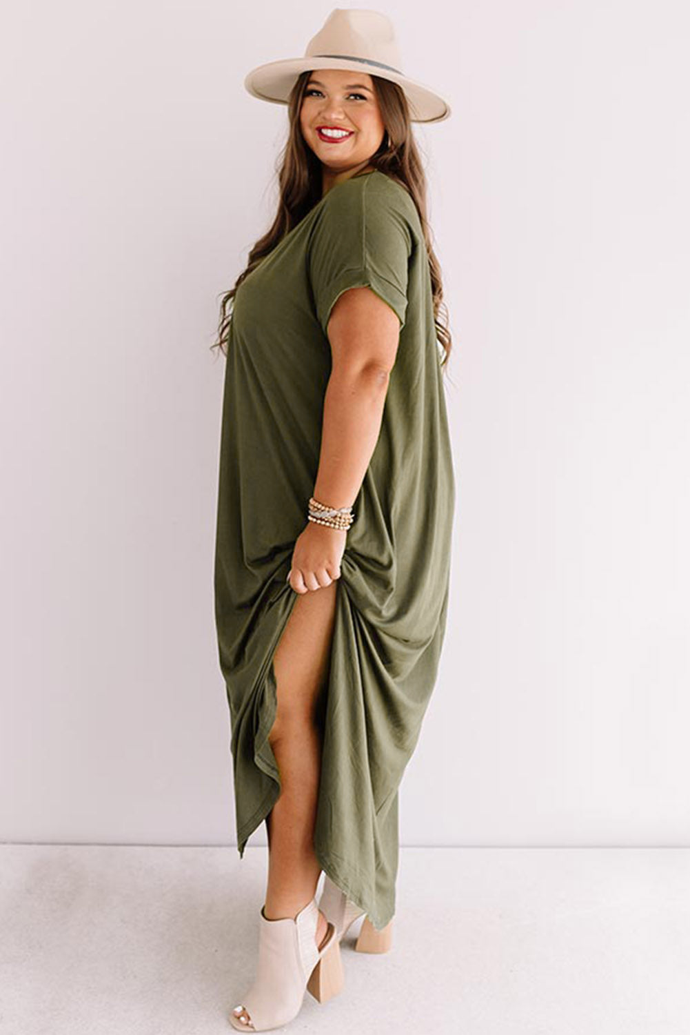 Green V Neck Rolled Cuffs Plus Size Maxi Dress