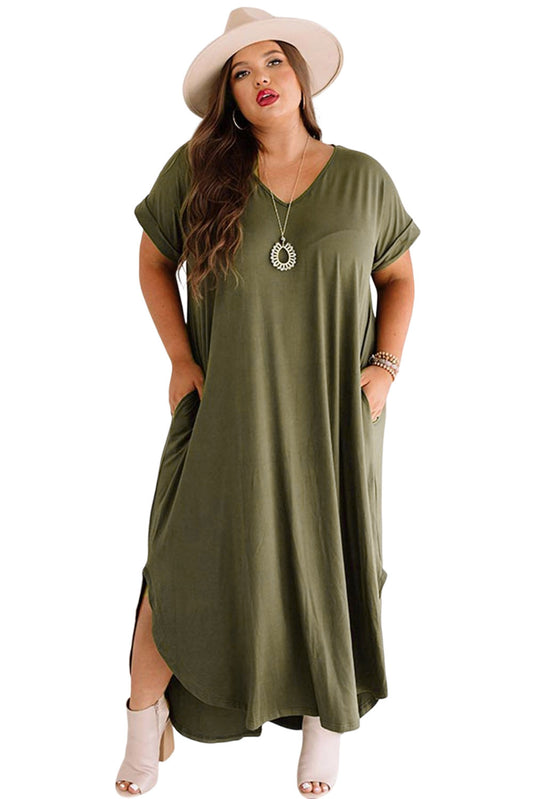 Green V Neck Rolled Cuffs Plus Size Maxi Dress