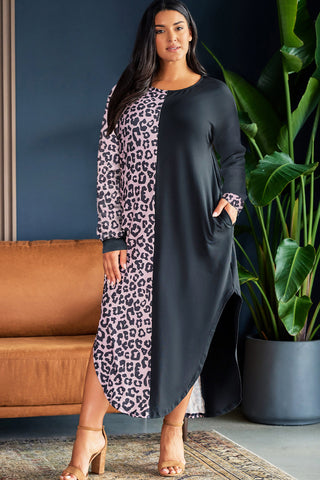 Multicolor Plus Size Leopard Colorblock Long Sleeve T-Shirt Dress