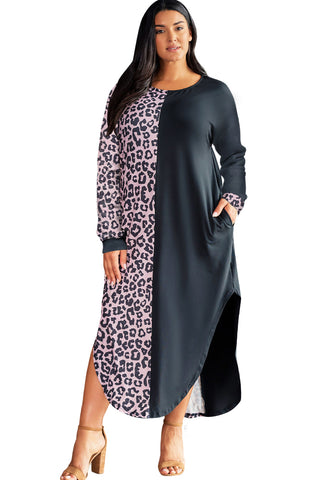 Multicolor Plus Size Leopard Colorblock Long Sleeve T-Shirt Dress