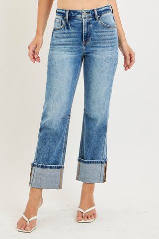 RISEN HIGH RISE STRAIGHT CUFFED HEM JEANS