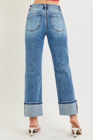 RISEN HIGH RISE STRAIGHT CUFFED HEM JEANS