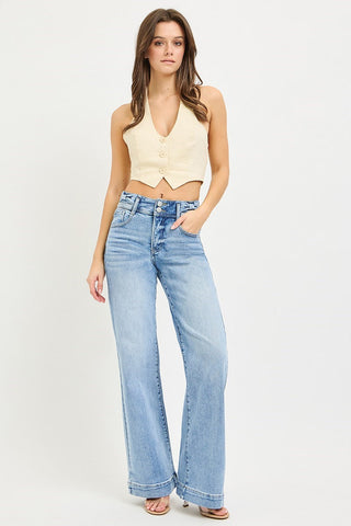 RISEN TUMMY CONTROL HIGH RISE WIDE LEG BOW WAISTBAND JEANS
