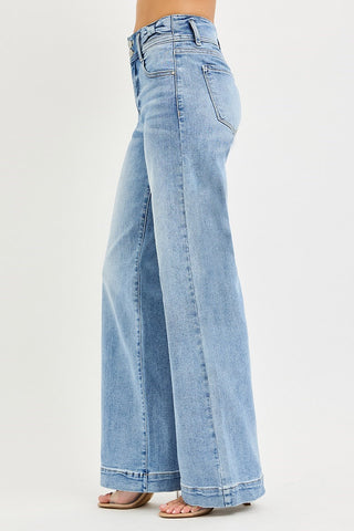 RISEN TUMMY CONTROL HIGH RISE WIDE LEG BOW WAISTBAND JEANS