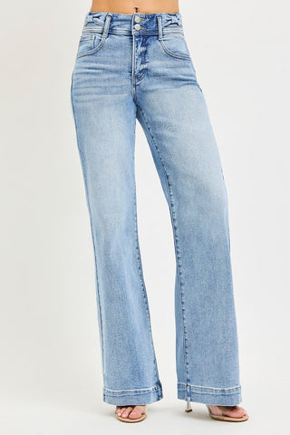RISEN TUMMY CONTROL HIGH RISE WIDE LEG BOW WAISTBAND JEANS