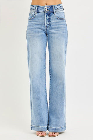 RISEN TUMMY CONTROL HIGH RISE WIDE LEG BOW WAISTBAND JEANS