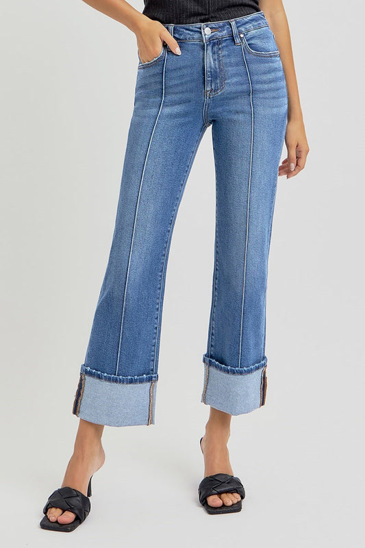 RISEN HIGH RISE ANKLE STRAIGHT WIDE CUFFED JEANS