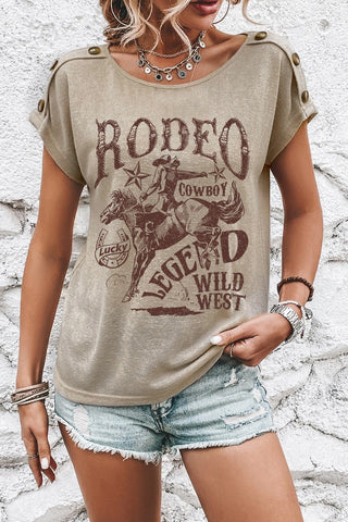 CLEARANCE Decorative Button Graphic Round Neck Short Sleeve T-Shirt