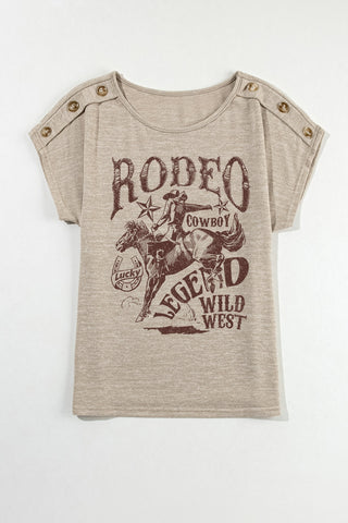 CLEARANCE Decorative Button Graphic Round Neck Short Sleeve T-Shirt