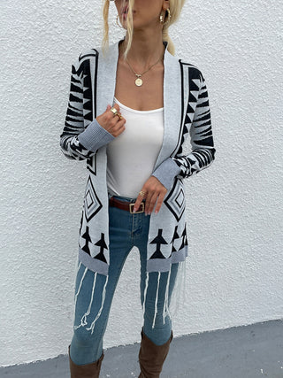 CLEARANCE Geometric Aztec  Fringe Hem Open Front Cardigan