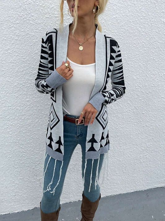 Shiny Geometric Aztec  Fringe Hem Open Front Cardigan