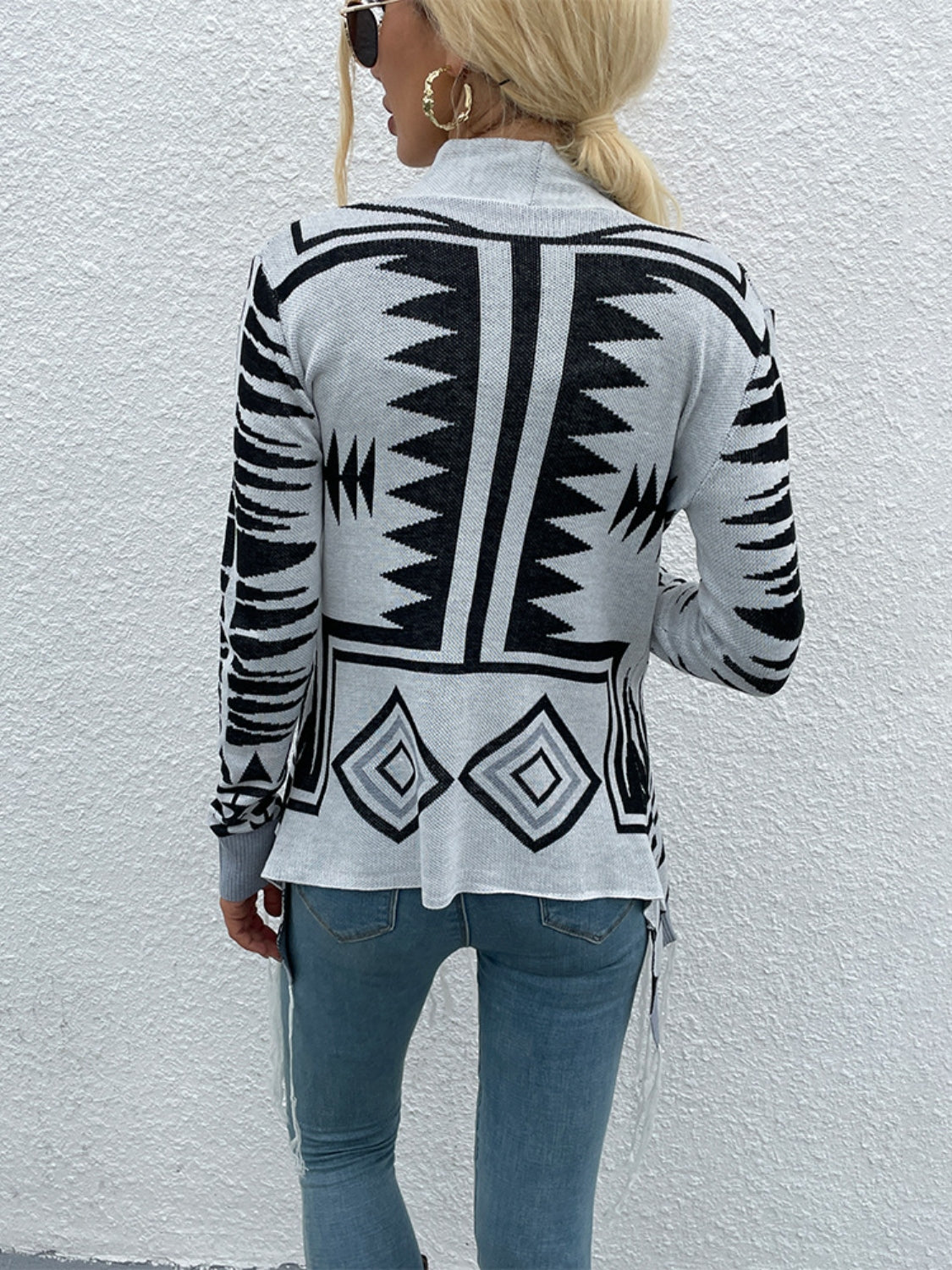 Shiny Geometric Aztec  Fringe Hem Open Front Cardigan