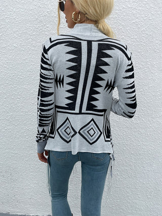 CLEARANCE Geometric Aztec  Fringe Hem Open Front Cardigan