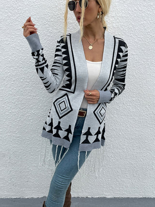 CLEARANCE Geometric Aztec  Fringe Hem Open Front Cardigan