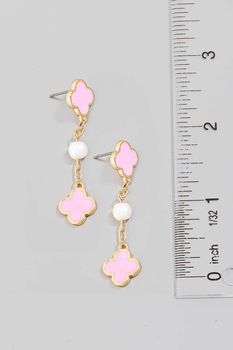 Clover And Fresh Water Pearl Dangle Chain Earrings