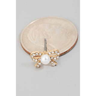 Pearl And Rhinestone Studded Ribbon Bow Stud Earrings