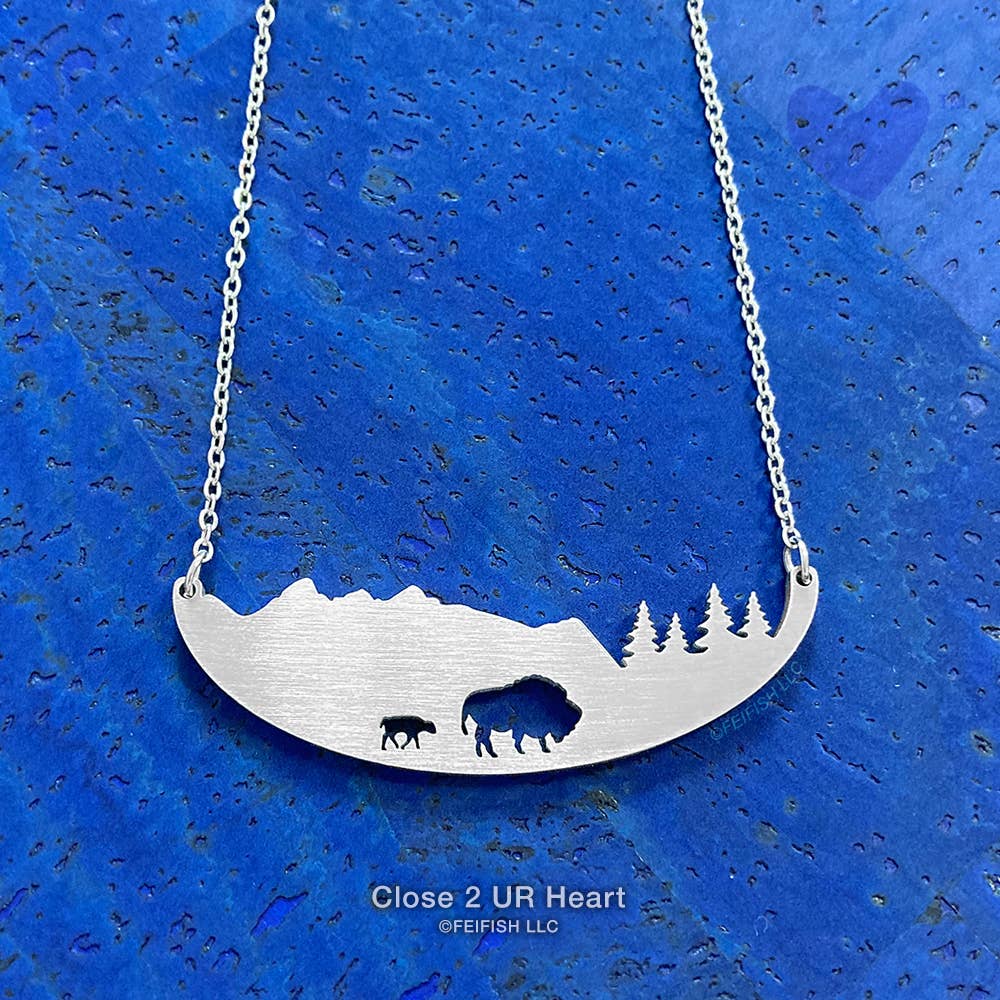 Bison in Mountains Stainless Steel Necklace