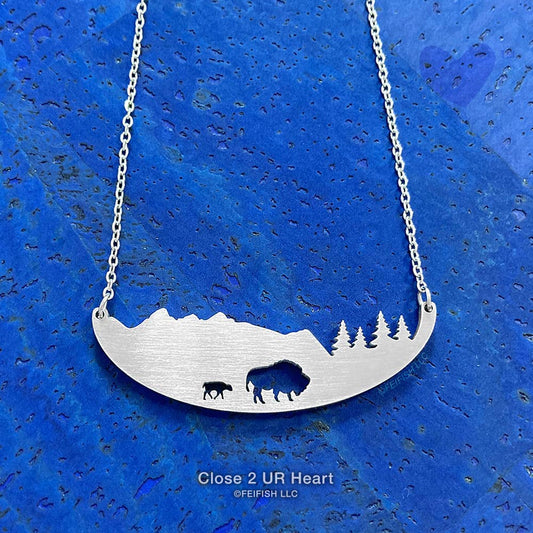 Bison in Mountains Stainless Steel Necklace