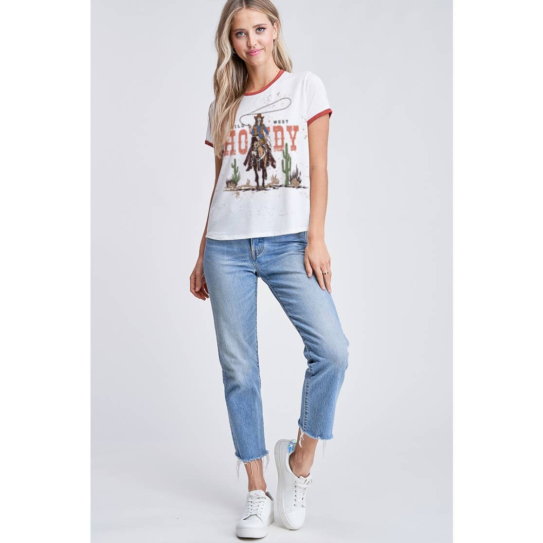 Howdy print ringer band short sleeve top