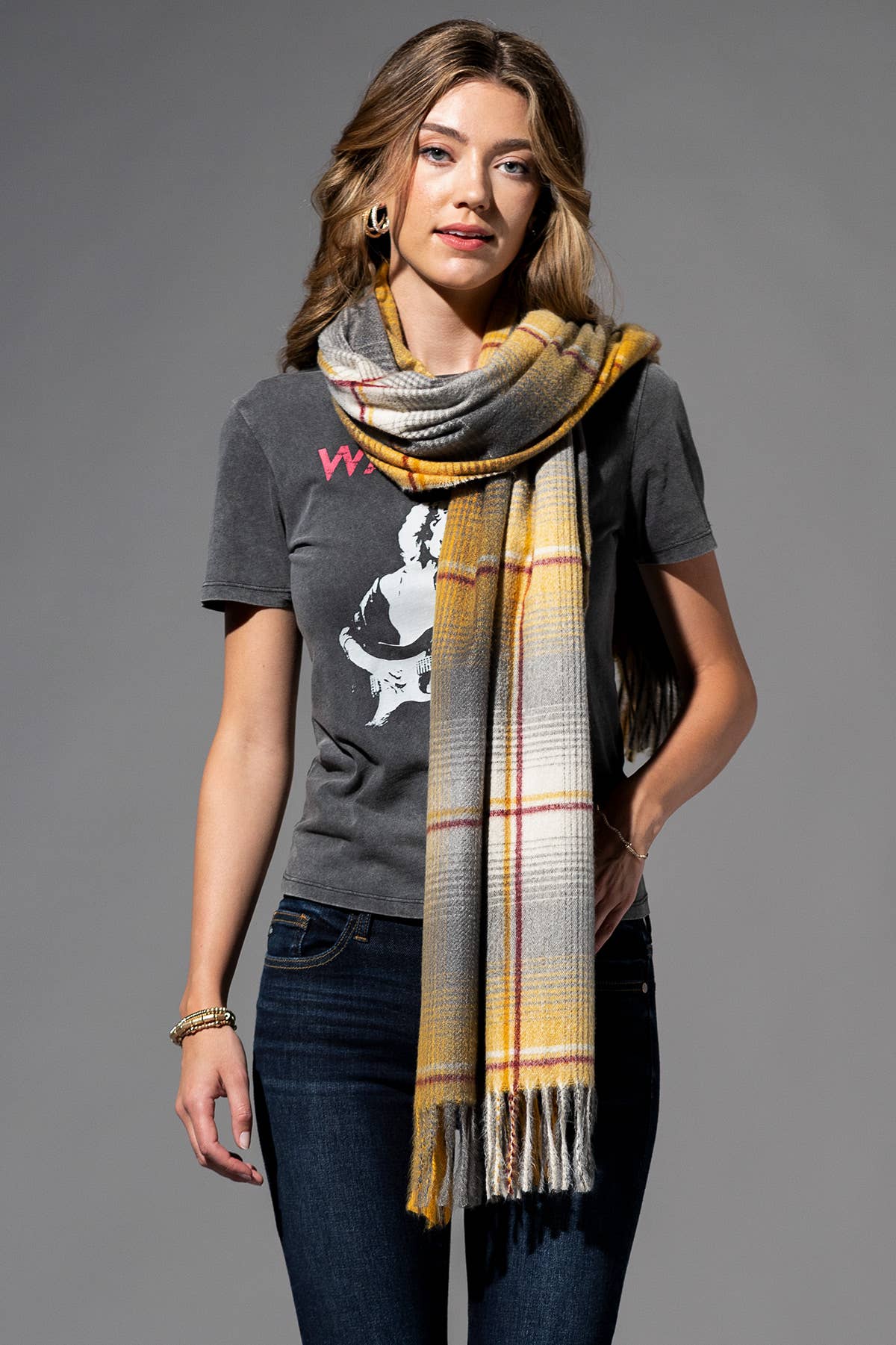 Plaid Fringe Oblong Scarf