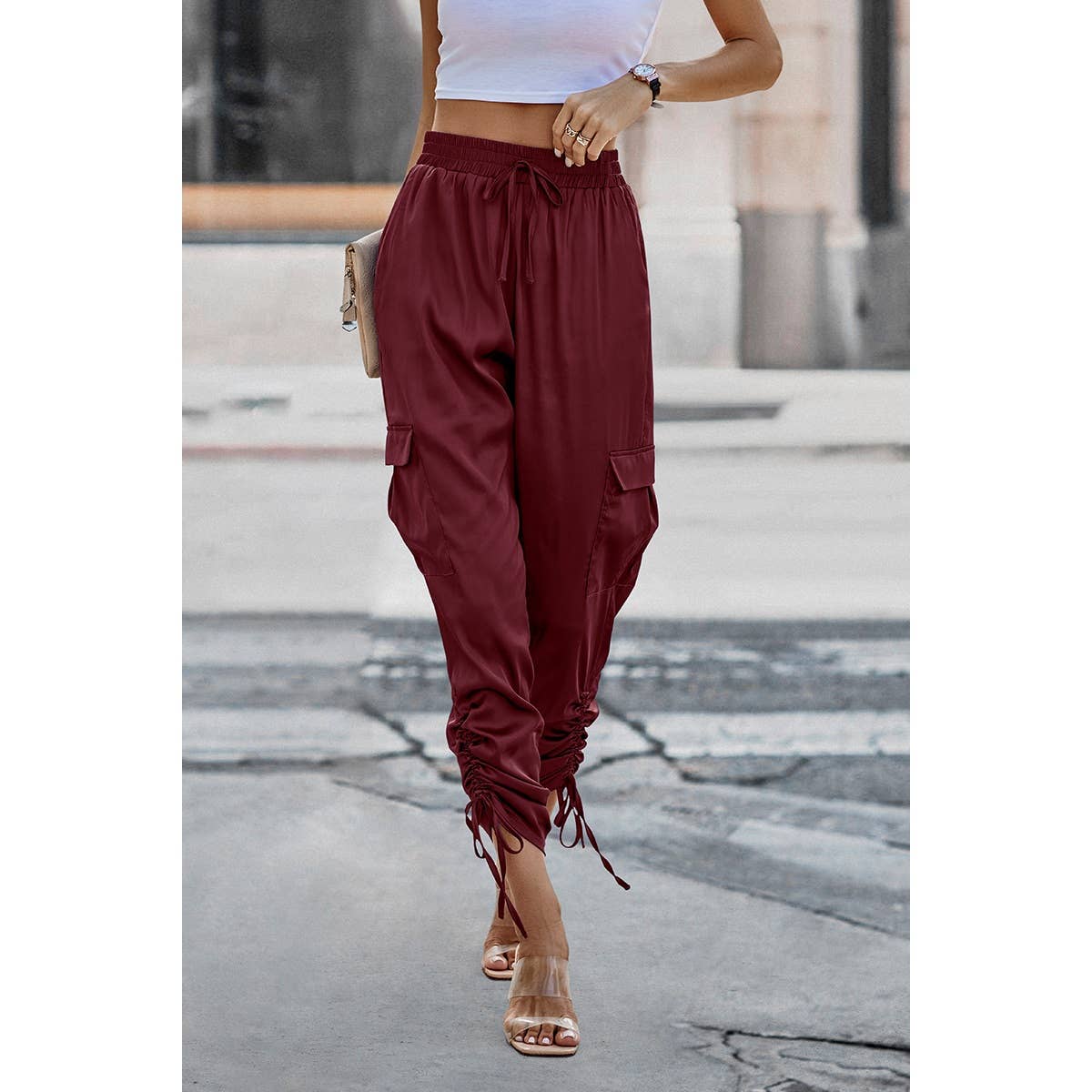 Soild Pockets Ruffle Slip Sport Pant