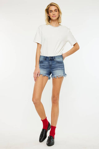 KAN CAN DENIUM SHORTS MID RISE FRAY HEM SHORTS